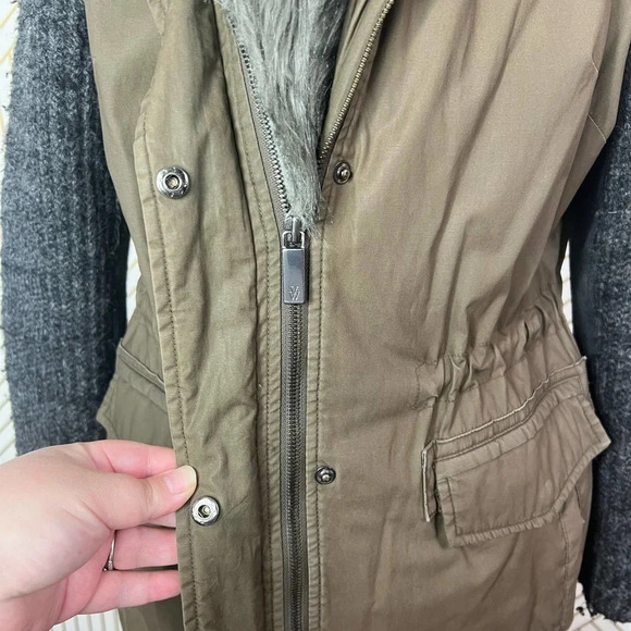 Vera Wang Faux Fur Trim Mixed Media Anorak Coat Green Khaki Size Small - Picture 7 of 12